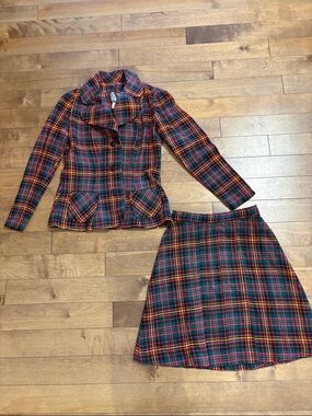 Vintage Tartan Wool Jacket & Skirt Set - Red, Green & Yellow
